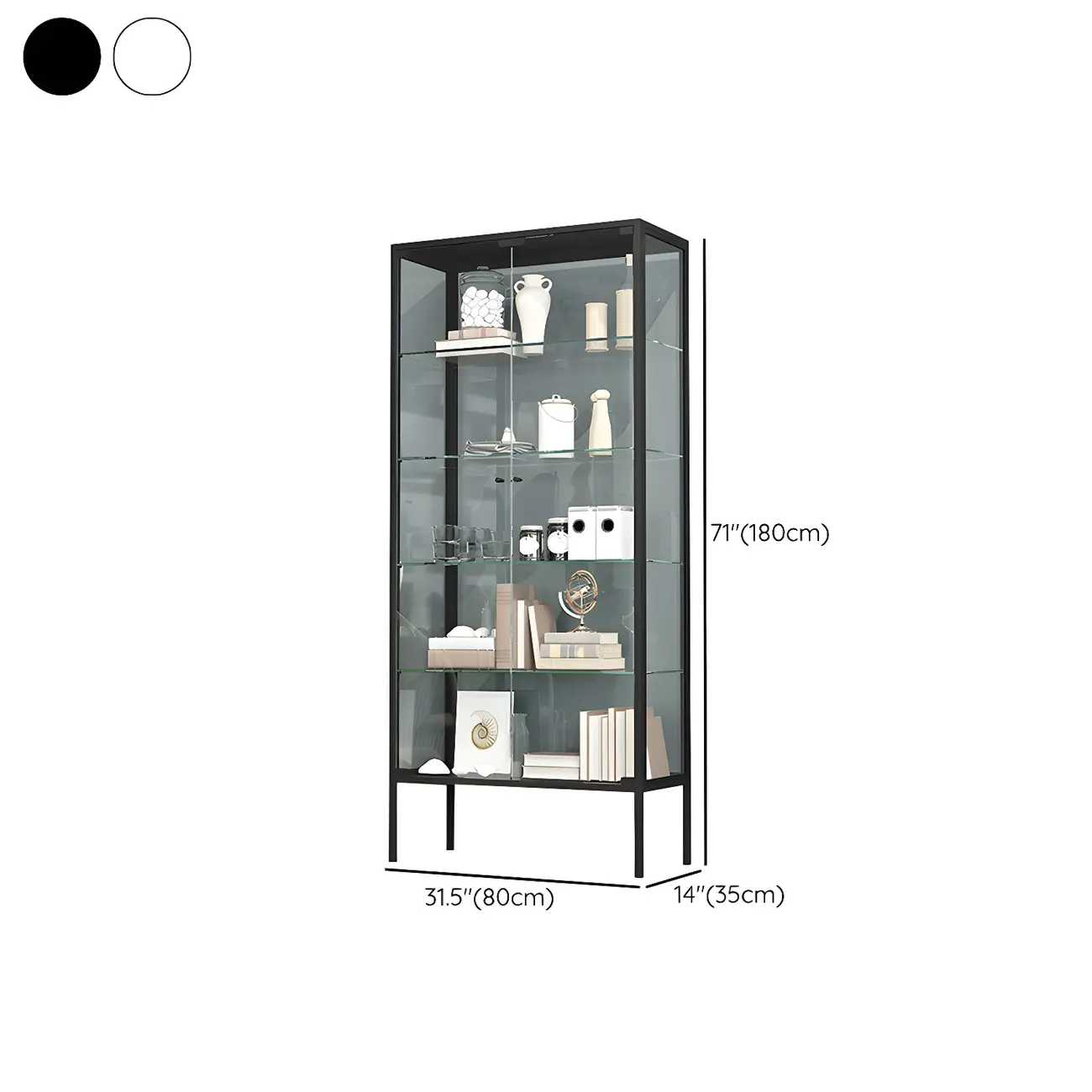 Black Metal Frame Glass Shelves Curio Cabinet
