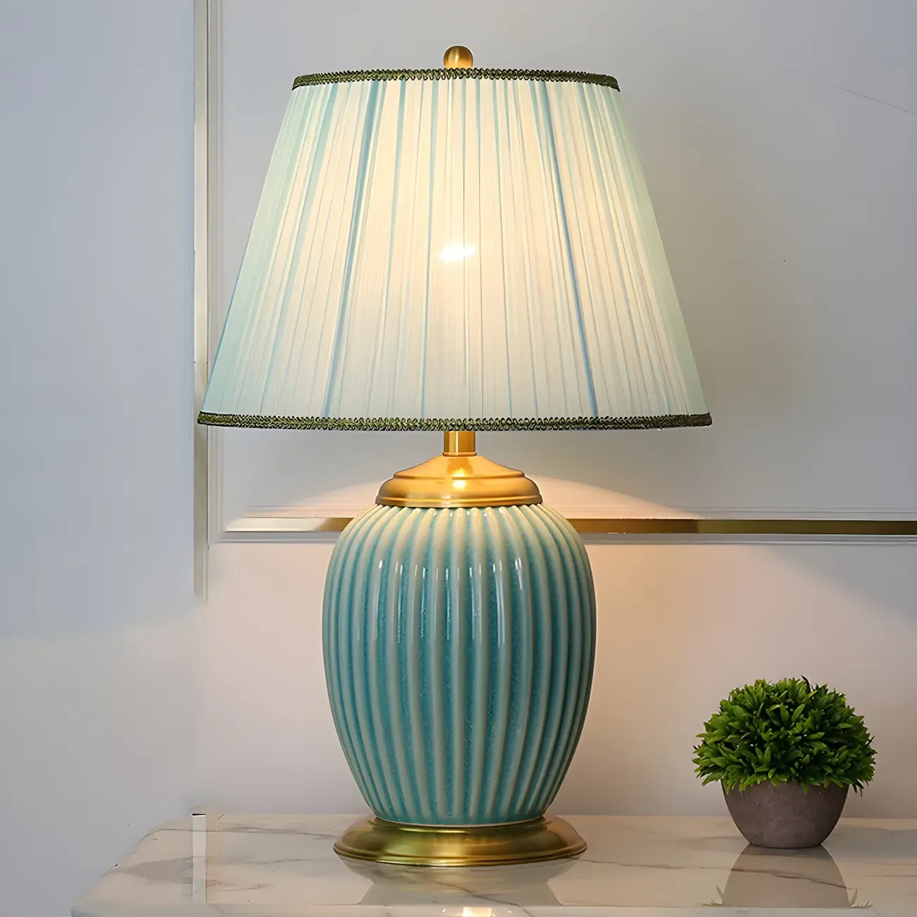 Plug-In Elegant Ceramic LED Table Lamp with Fabric Shade