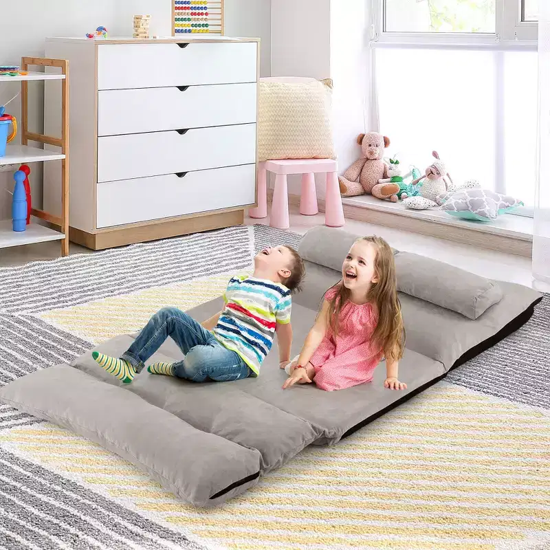 Convertible Lazy Sofa Bed with 42-Level Adjustable Backrest & 2 Lumbar Pillows Gray/Beige