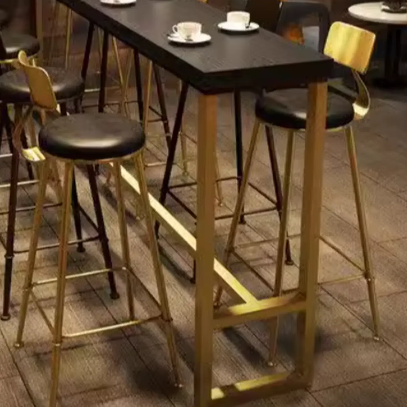 Luxurious Midnight Black Wood Gold Metal Leg Rest Bar Tables