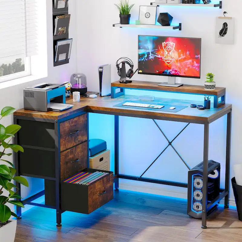 GIMMYFIVE L Shaped Gaming Desk with Power Outlets & LED Lights