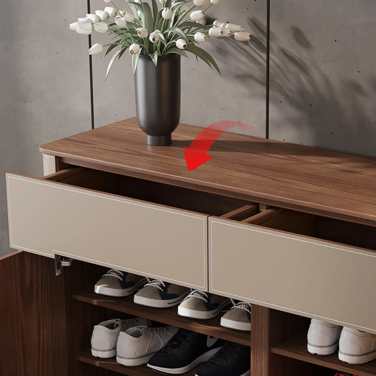 Trendy Wood Tan Entryway Shoe Cabinet with Drawers