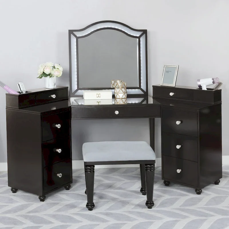Furniture of America Ulru Transitional Solid Wood 3-Piece Makeup Vanity Set with LED