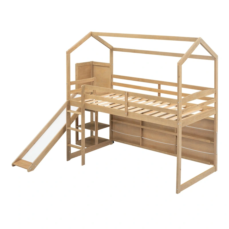 Wood Twin Wood House Loft Bed with Slide