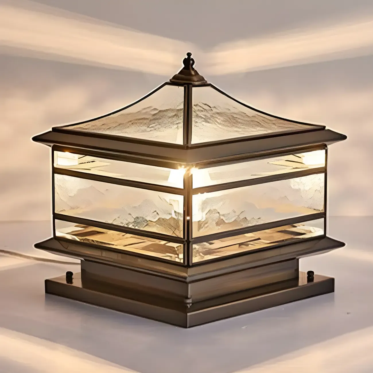 Brass Square Metal Glass Palace-Shape Wired Post Cap Light