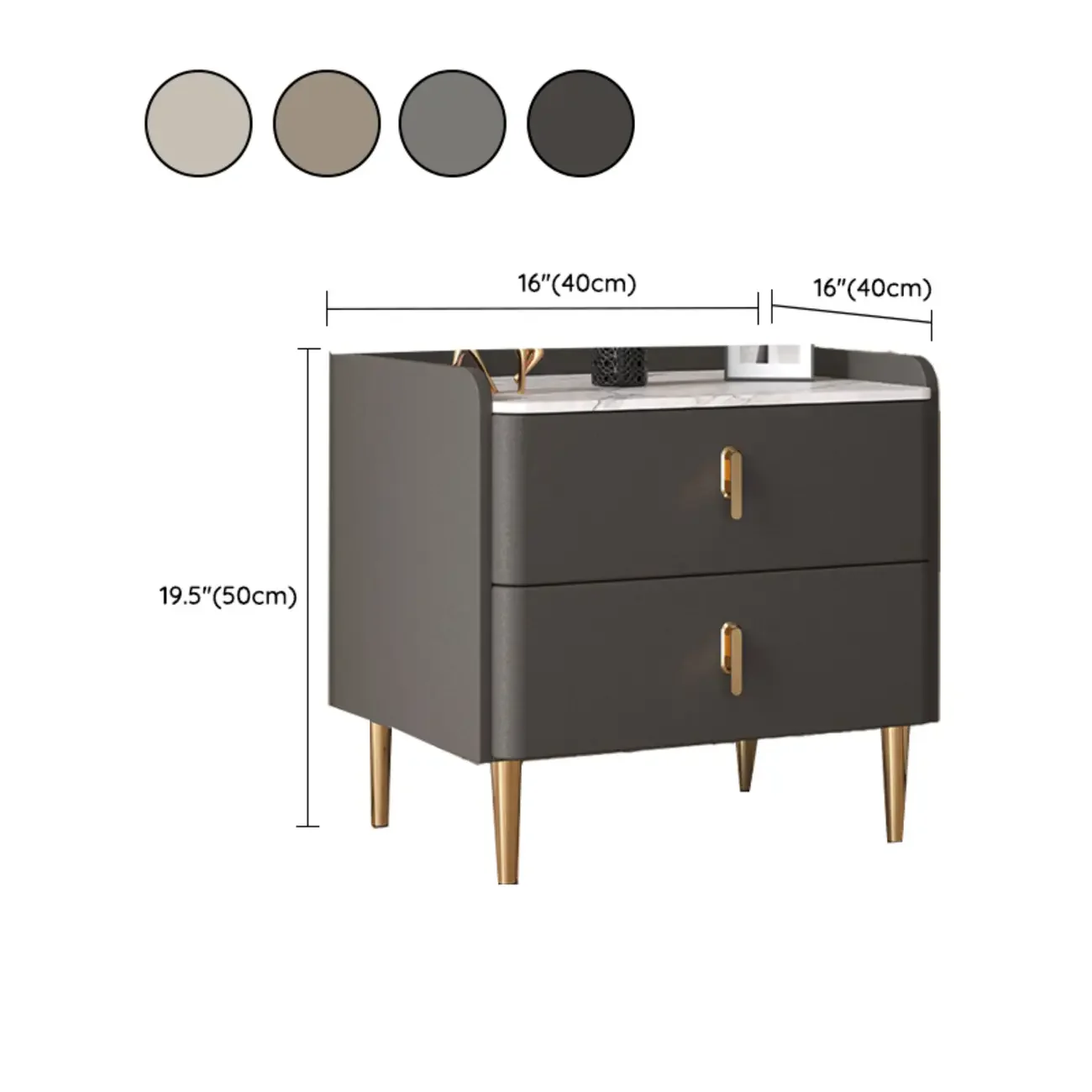 Modern Stone Top Leather Drawers Nightstand with Golden Legs