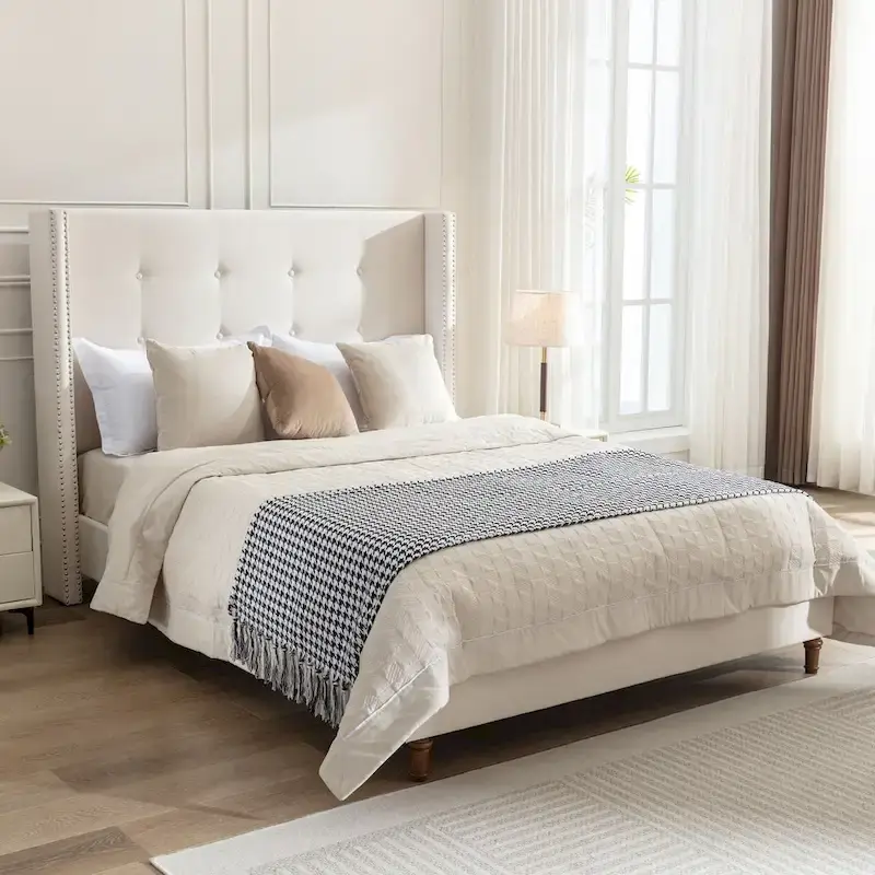 CUSchoice 54 High Headboard Upholstered Queen/King Bed (No Box Spring Needed)