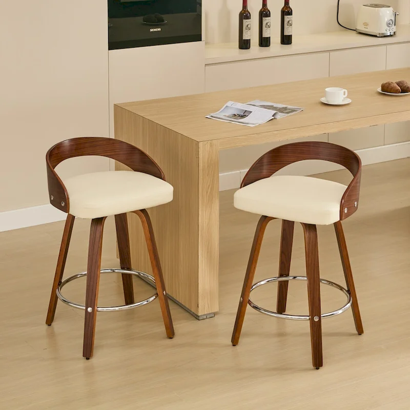 Bar Stools Set of 2,Swivel Bar Height Stools with Low Back,Wood Bar Chairs with Soft Cushion Seat,25-Inch Seat Height