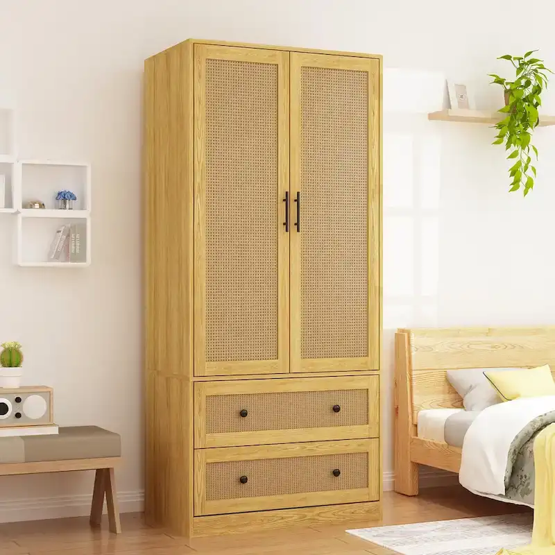 Wood Wardrobe - 2 Doors, 2 Drawers, Hanging Rod, 31.4W x 70.9H, Storage Organizer