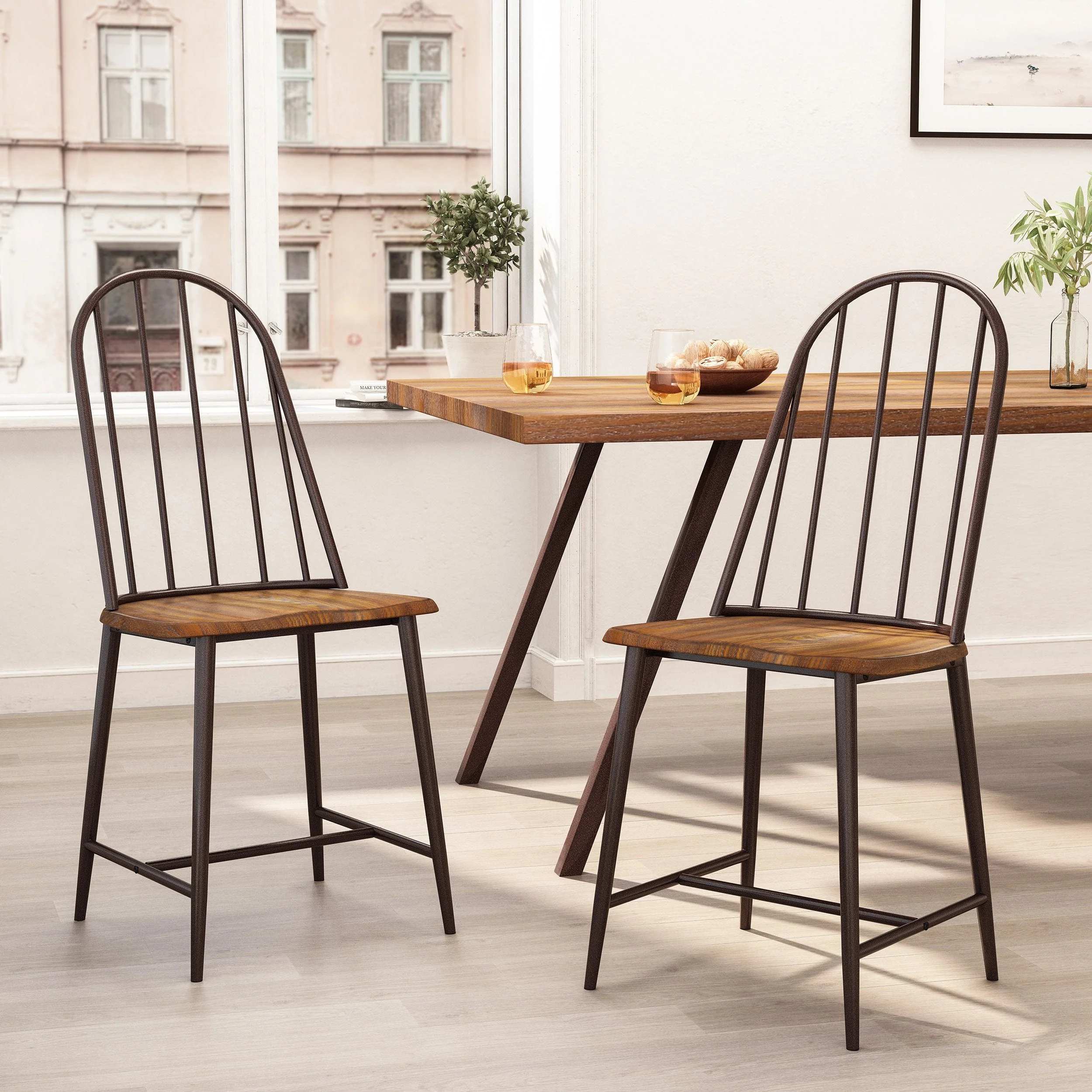 Farmhouse Spindle Back Dining Chairs, Set of 2, Dark Brown and Black - NH395413