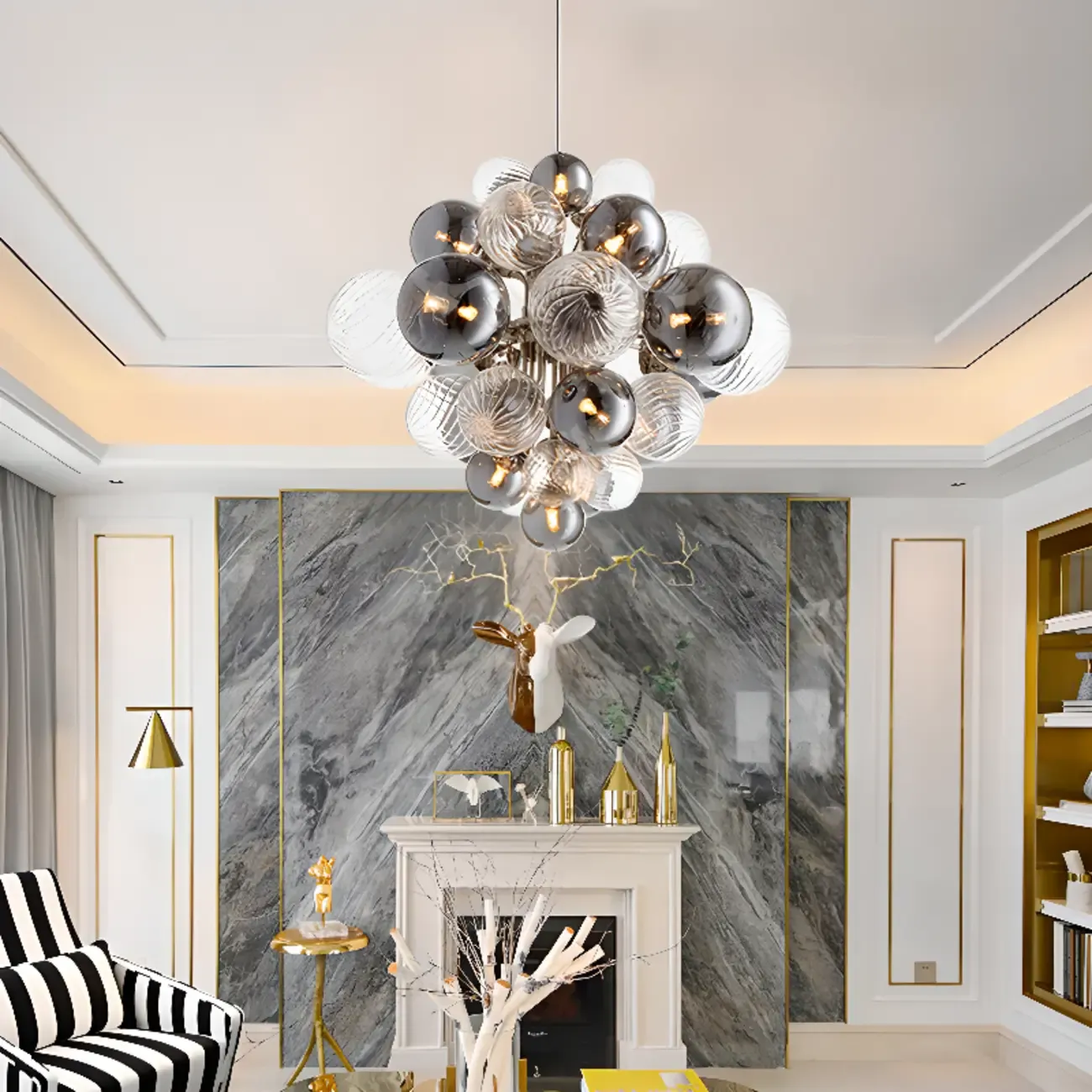 Contemporary Cluster Grey Globe Glass Chandelier