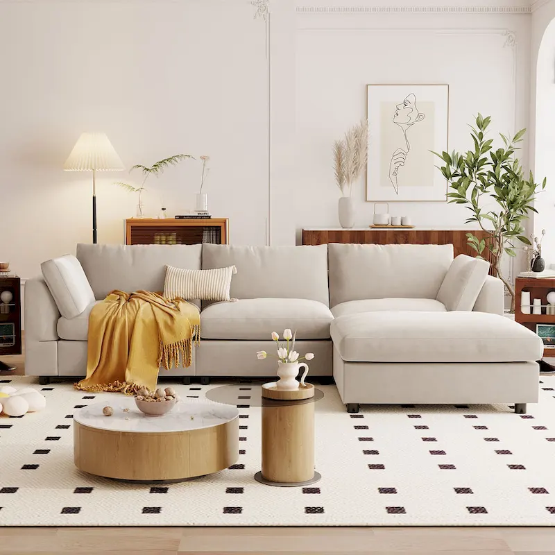 Beige 113 L-Shaped 4-Seat Sectional Sofa with Adjustable Footrest and Reversible Chaise