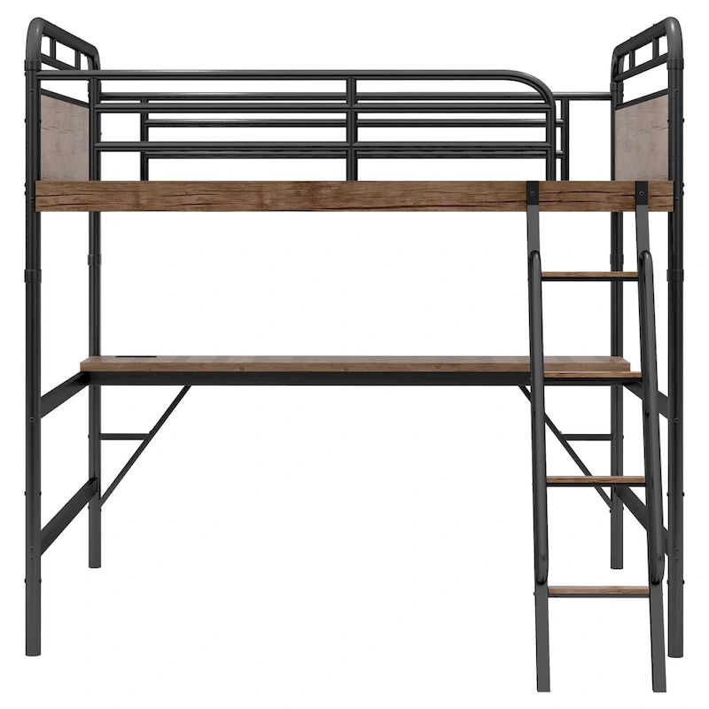 Metal Loft Bed with Desk, LED Lights & USB Charging Station, Loft Bed Frame with Safety Guardrails