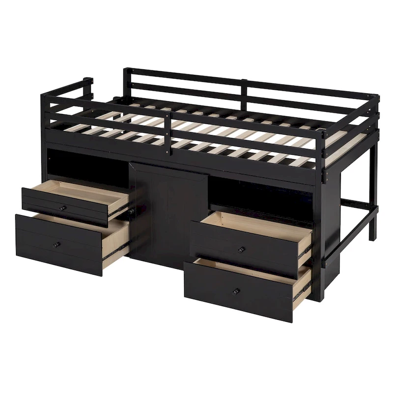Espresso Twin Solid Wood Loft Bed with Drawers & Cabinet