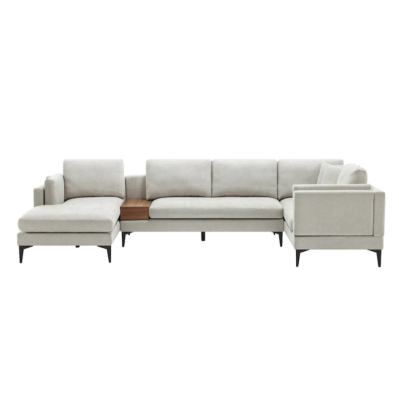 Modular U-shaped Linen Reversible Sofa with a Wooden Side Table Box and Reversible Design