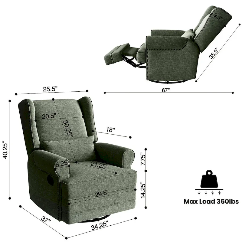 Swivel Recliner Chair with Extra Large Footrest, Grey