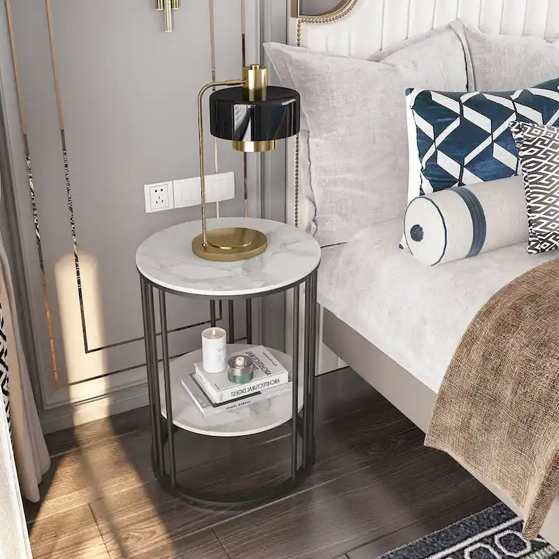 End Table 2-Tier Round Side Accent Table with Sintered Stone Tabletop - 15.7x15.7x21.3 inch