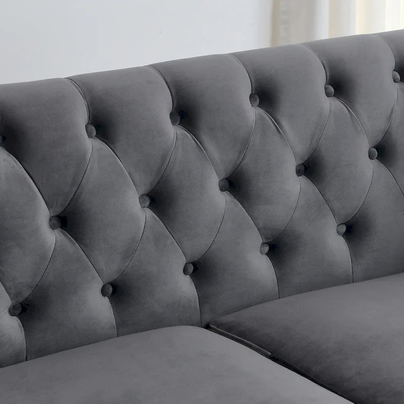 Grey 77 Modern Velvet 3-Seater Sofa with Tufted Backrests and Nailhead Trim
