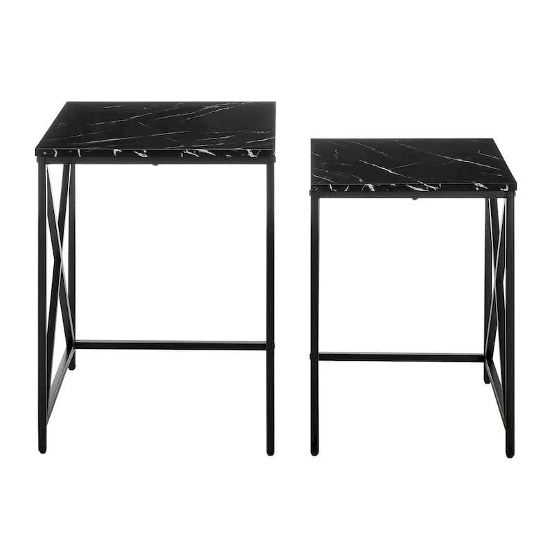 Modern Square Marble Finish Veneer Top Black Metal Frame Nesting End Tables - Set of 2