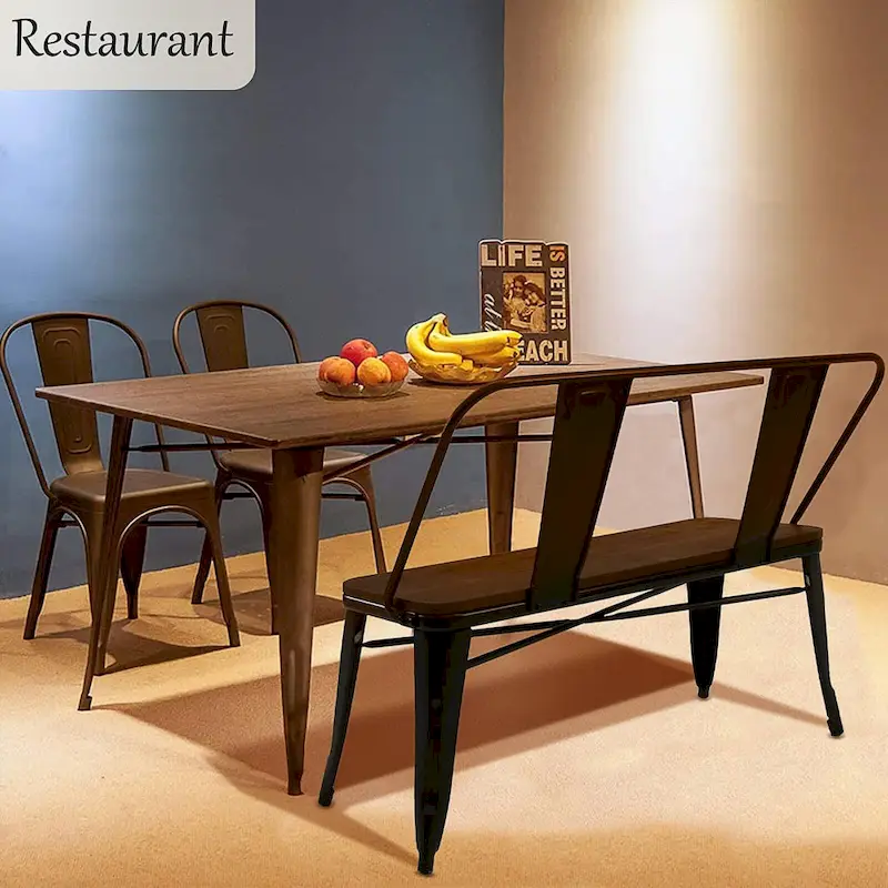 Dining Bench, Entryway Bench with Back, Farmhouse Metal Dining Bench, Industrial Mid-Century 3 Person Bench, Wood Seat