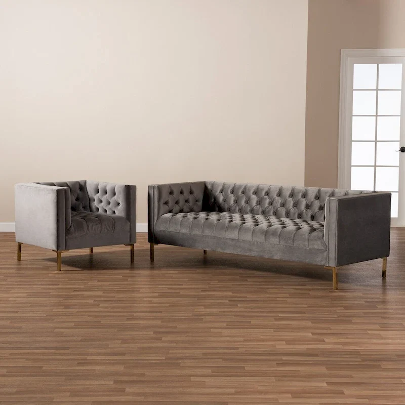 Glam Velvet and Gold Finished 2-Piece Sofa and Lounge Chair Set