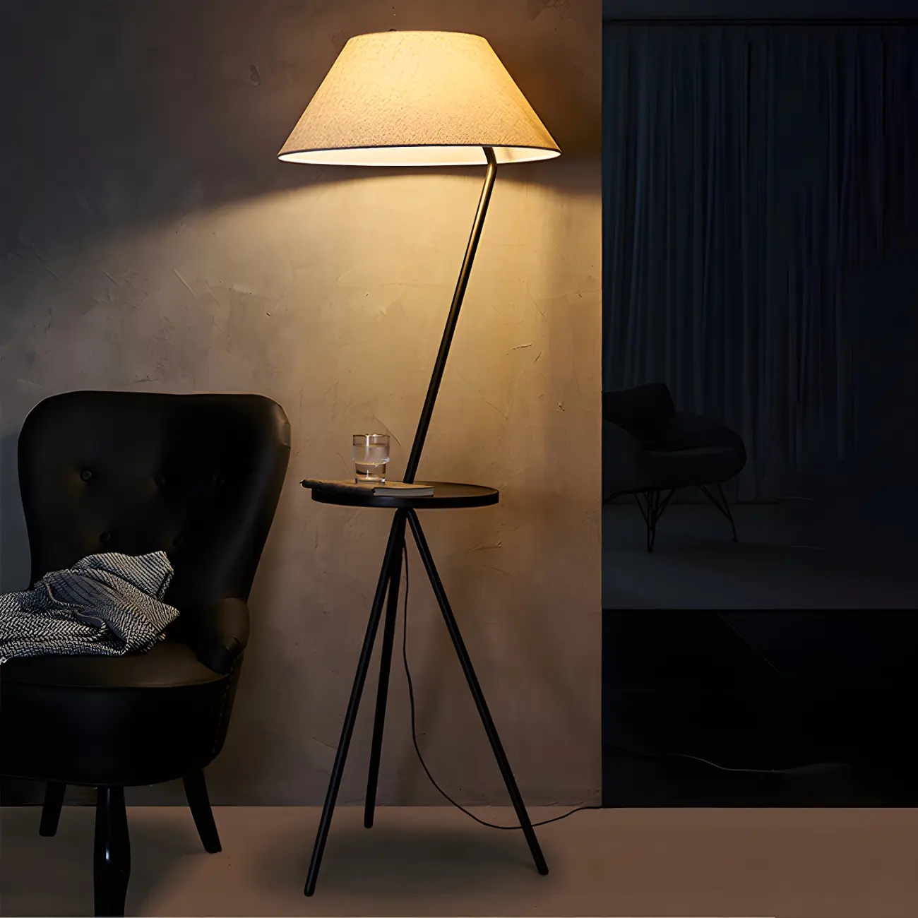 Black Metal Modern Tripod Floor Lamp with Coffee Table