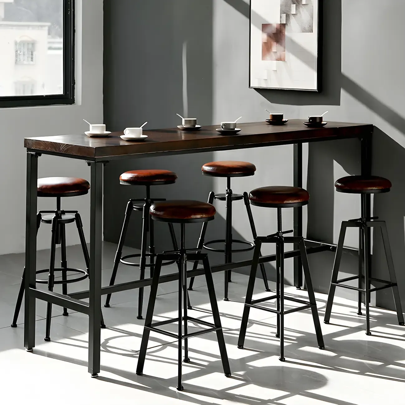Industrial Brown Wooden Metal Adjustable Bar Tables