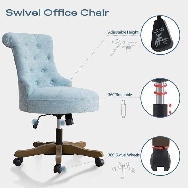 Office Chair with Wheels, Adjustable Height, Linen Fabric Upholstered Computer Desk Chair Swivel