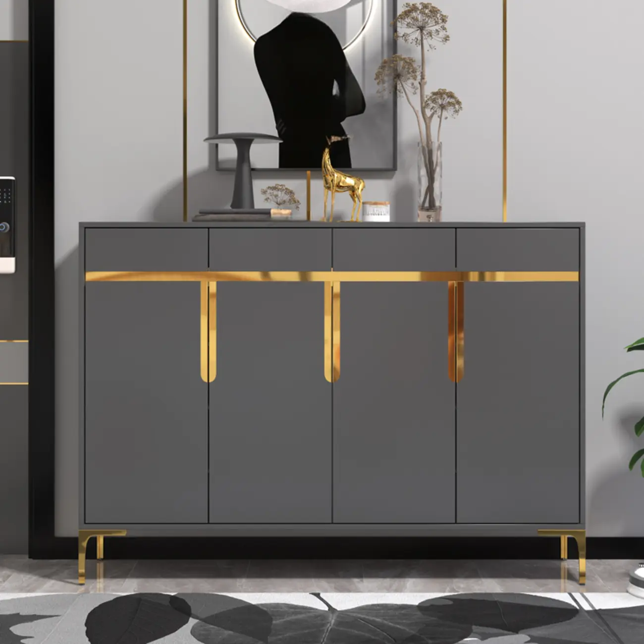 Entryway Wood Large Shoe Cabinet with Gold Accents