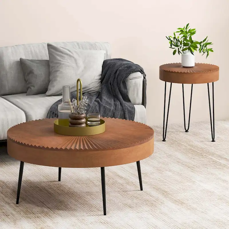 Farmhouse Round Coffee Table End Table Natural Finish
