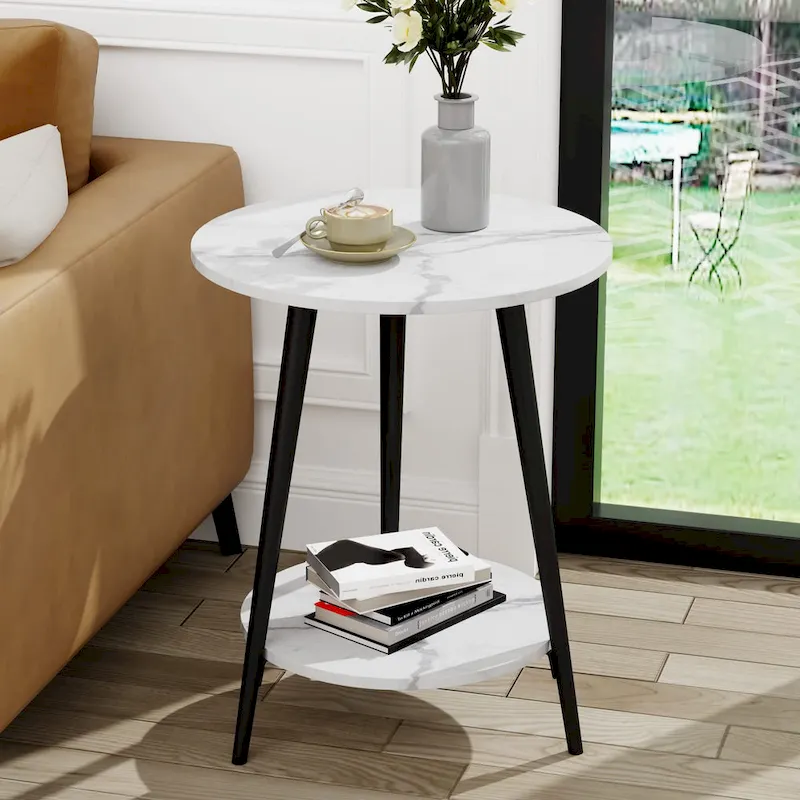 Round End Table Modern White Side Table for Living Room Bedroom Nightstand Accent Table with 2-Tier Faux Marble Wood Top