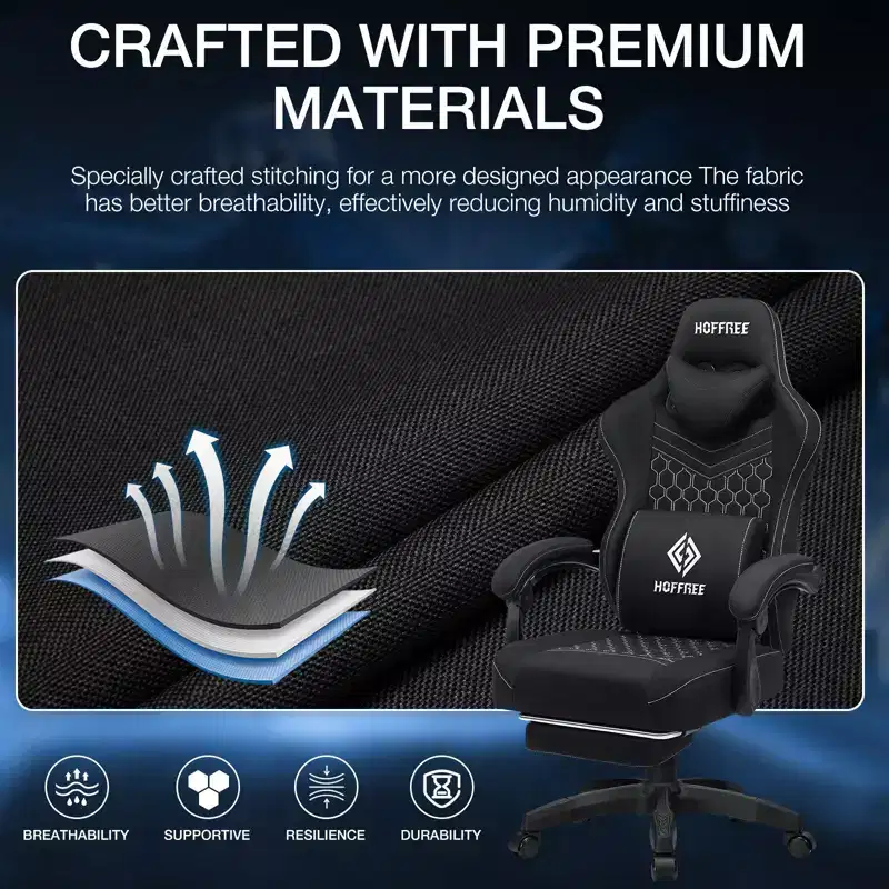 Hoffree Breathable Fabric Massage Gaming Chair Ergonomic Office PC Chair with Footrest & Adjustable