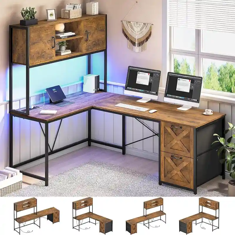 L Shaped Computer Desk with Drawers Corner Gaming Desk storage shelves