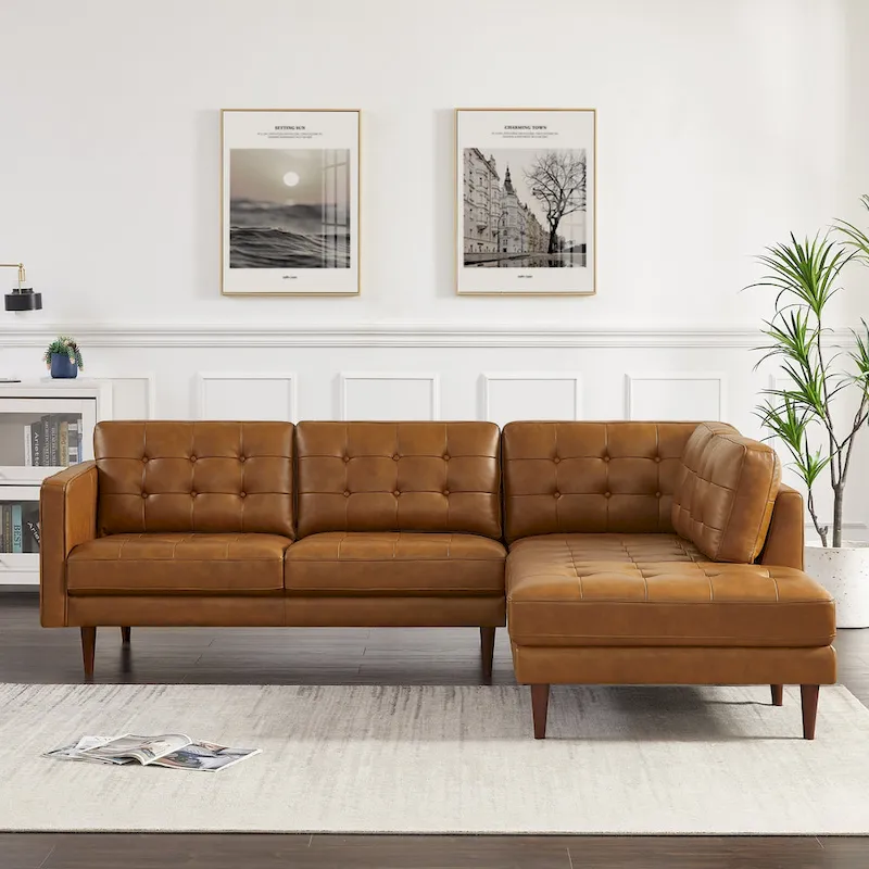 Lester Tufted Modern Living Room Top Leather Corner Sectional Sofa in Cognac Tan