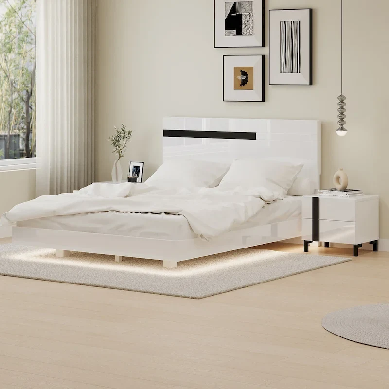 Modern High Gloss 3-Piece Bedroom Set Floating Bed Frame Queen Size Platform Bed with LED Light & 2 Nightstands, White