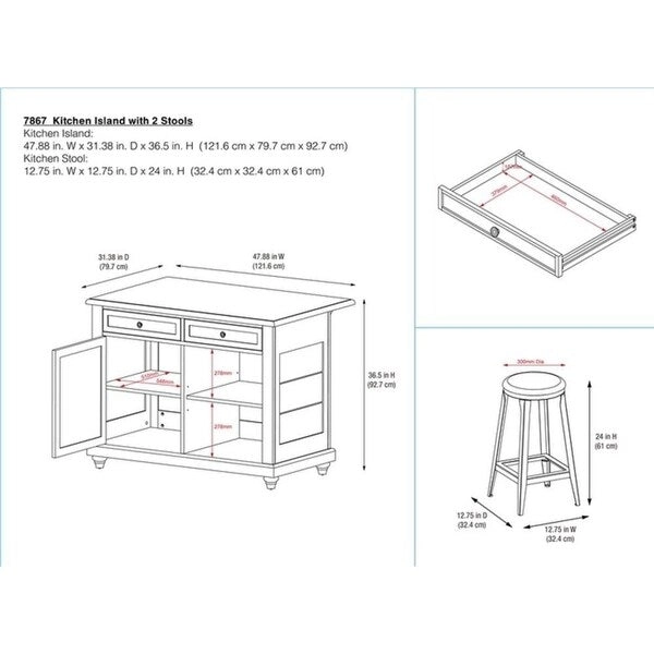 Avenue Greene Betty Kitchen Island with 2 Stools