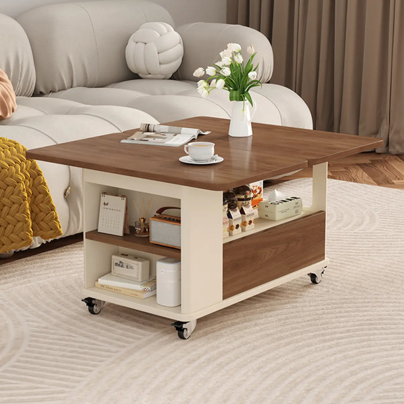 Versatile Elegant Modern Wooden Side Table with Wheels