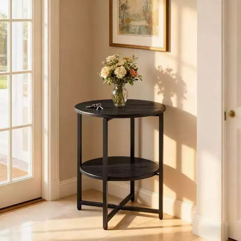 Homy Casa Round 2-Tier End Table with Metal Frame and Wood Shelves, Black Oak