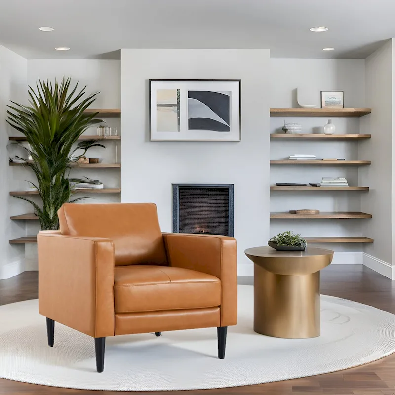 Genuine Leather Accent Chair, Black/Tan, Mid-Century Modern, High-Density Cushion, Seats 1