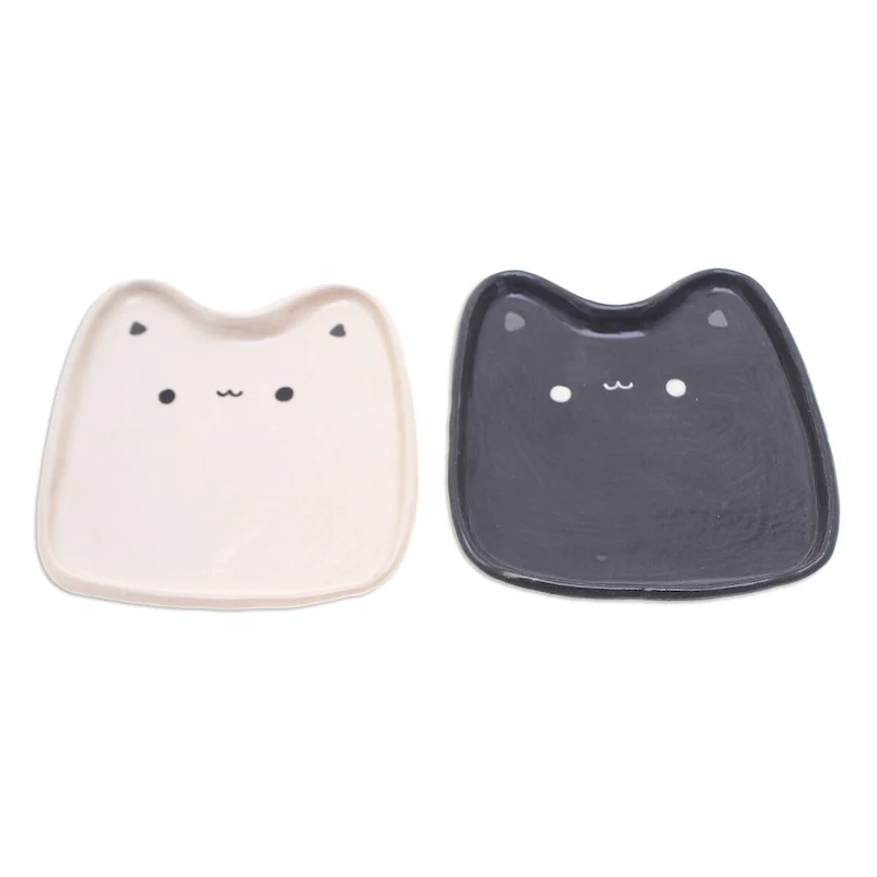 Novica Handmade Black & White Felines Ceramic Catchalls (Set Of 2)