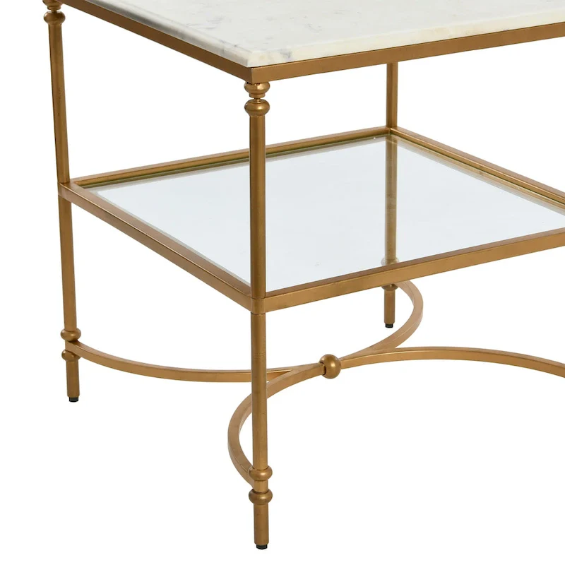 Square Marble Top End Table, Gold/Black & White, Iron Legs, Glass Shelf