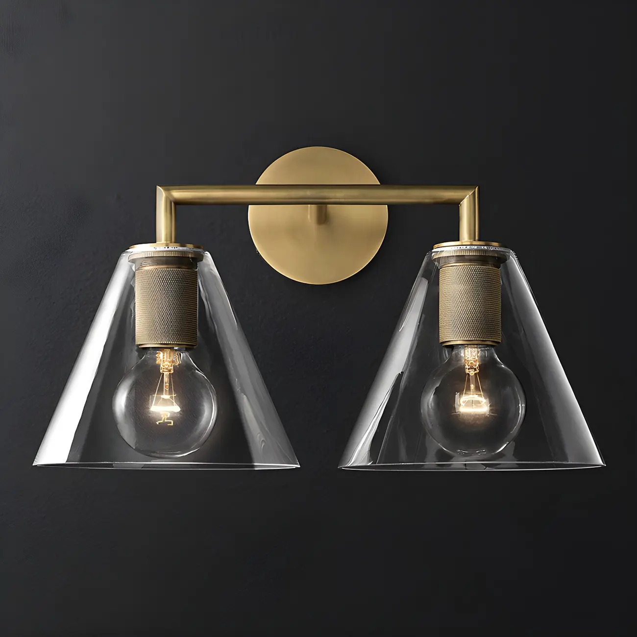 Industrial Cone Glass Wall Sconce with Brass/Black Finish