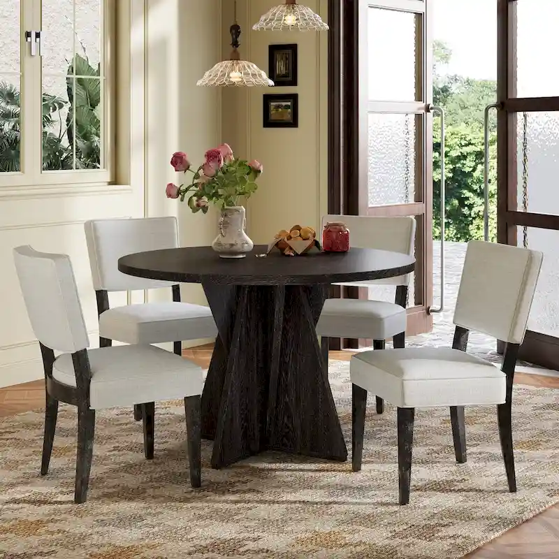 5-Piece Round Dining Table with 4 Upholstered Chairs