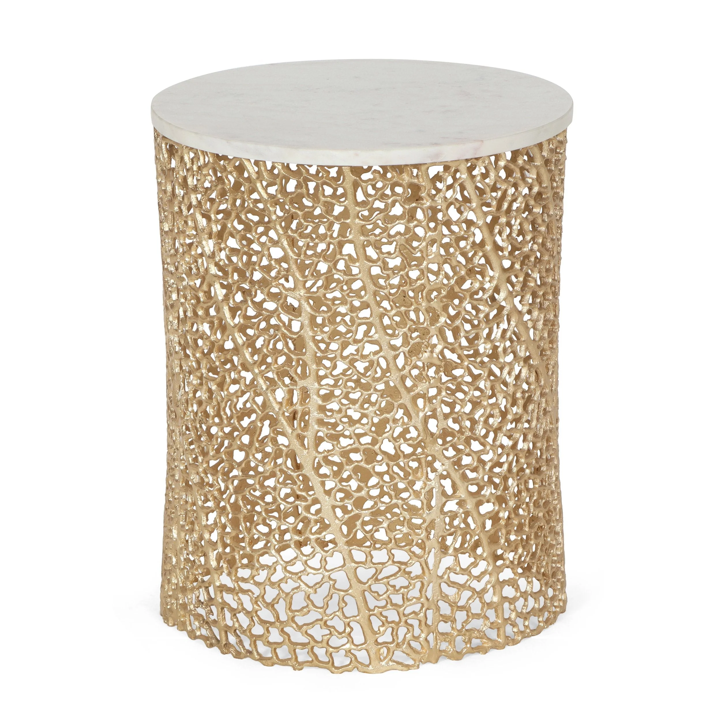 Modern Glam Handcrafted Aluminum Side Table with Marble Top, White and Gold - NH336413