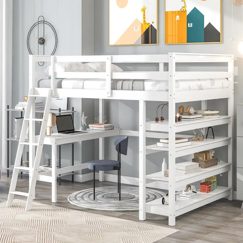 Loft Bed Full with Storage Desk Ladder and Shelves White