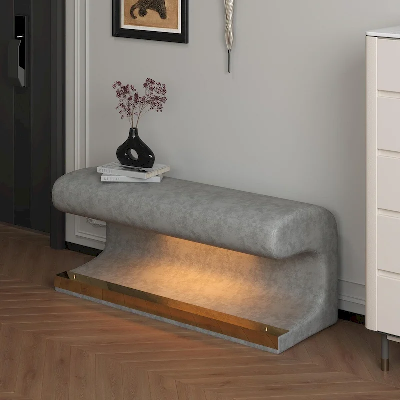 Entryway Bench Leather Upholstered Ottoman with LED sensor light for living room, bedroom, end of bed
