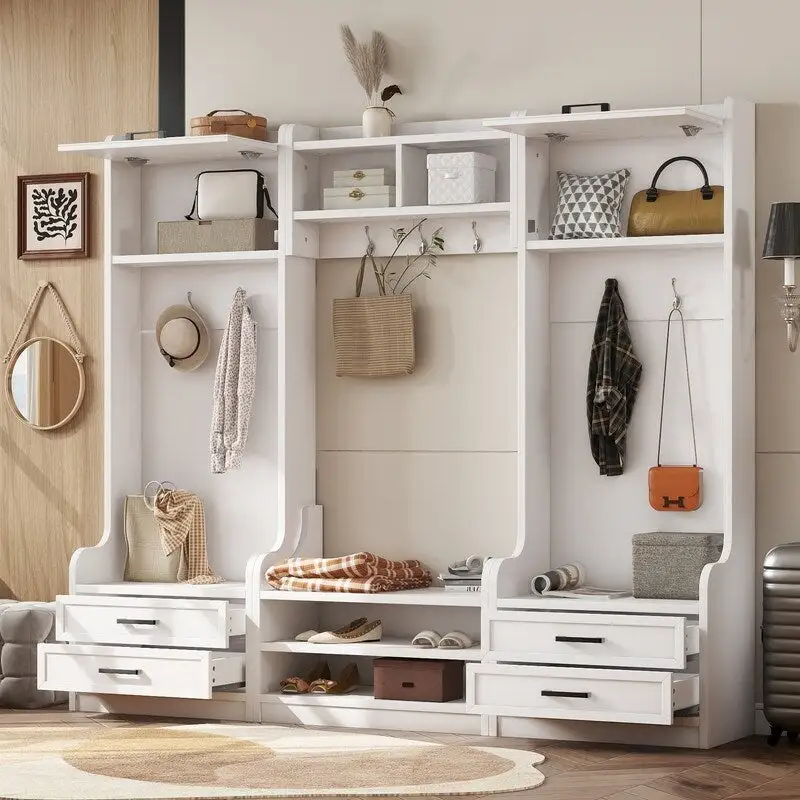 4-in-1 Detachable Hall Tree with Storage Cabinets and Hooks, Multifunctional Hallway Coat Rack with Drawers and Shoe Bench