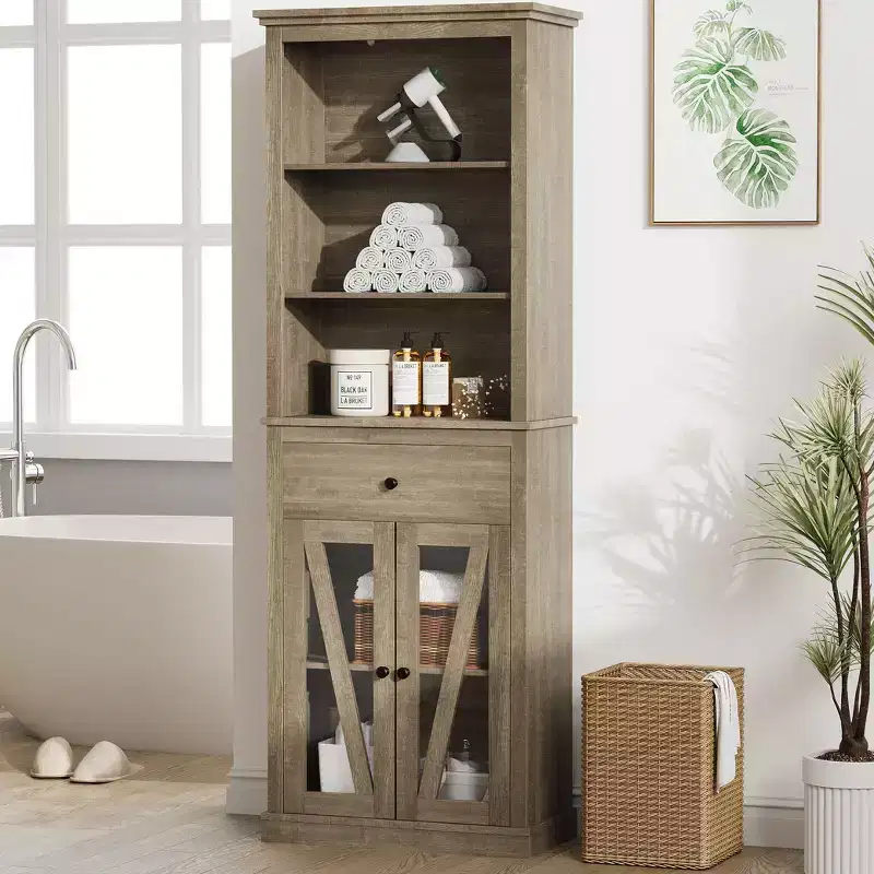 Farmhouse Narrow Tall Linen Tower - 66.5 Freestanding Bathroom, Living Room, Kitchen Storage Cabinet with 5 Shelves & Adjustable Shelf