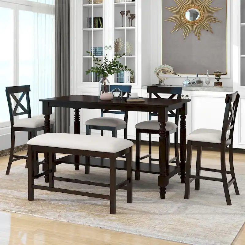 Nestfair 6-Piece Counter Height Dining Table Set with Chairs and Bench