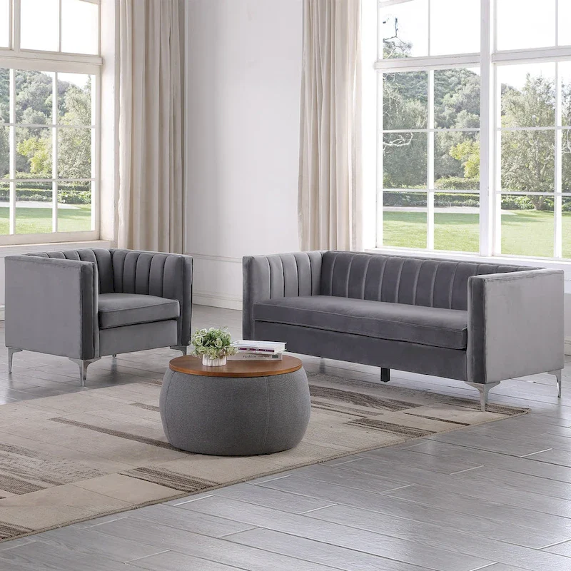 Morden Fort Modern 2 Pieces of Chair and Sofa Couch Set with Dutch Velvet Grey, Iron Legs